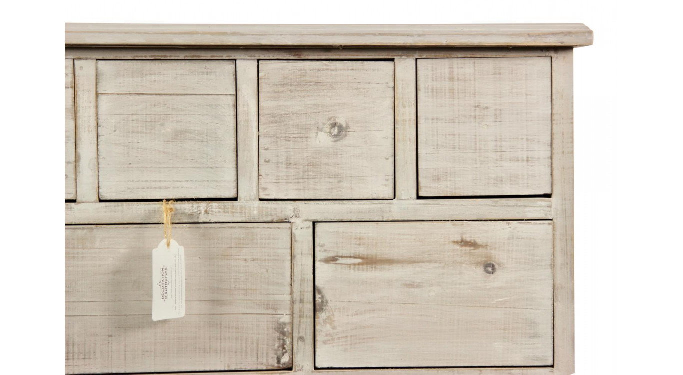 Meuble Semainier Chiffonnier Grainetier Bois 16 Tiroirs Cerusé Blanc Nu 96x35x92cm