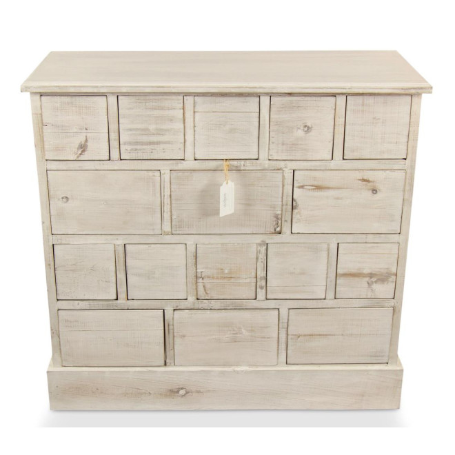 Meuble Semainier Chiffonnier Grainetier Bois 16 Tiroirs Cerusé Blanc Nu 96x35x92cm
