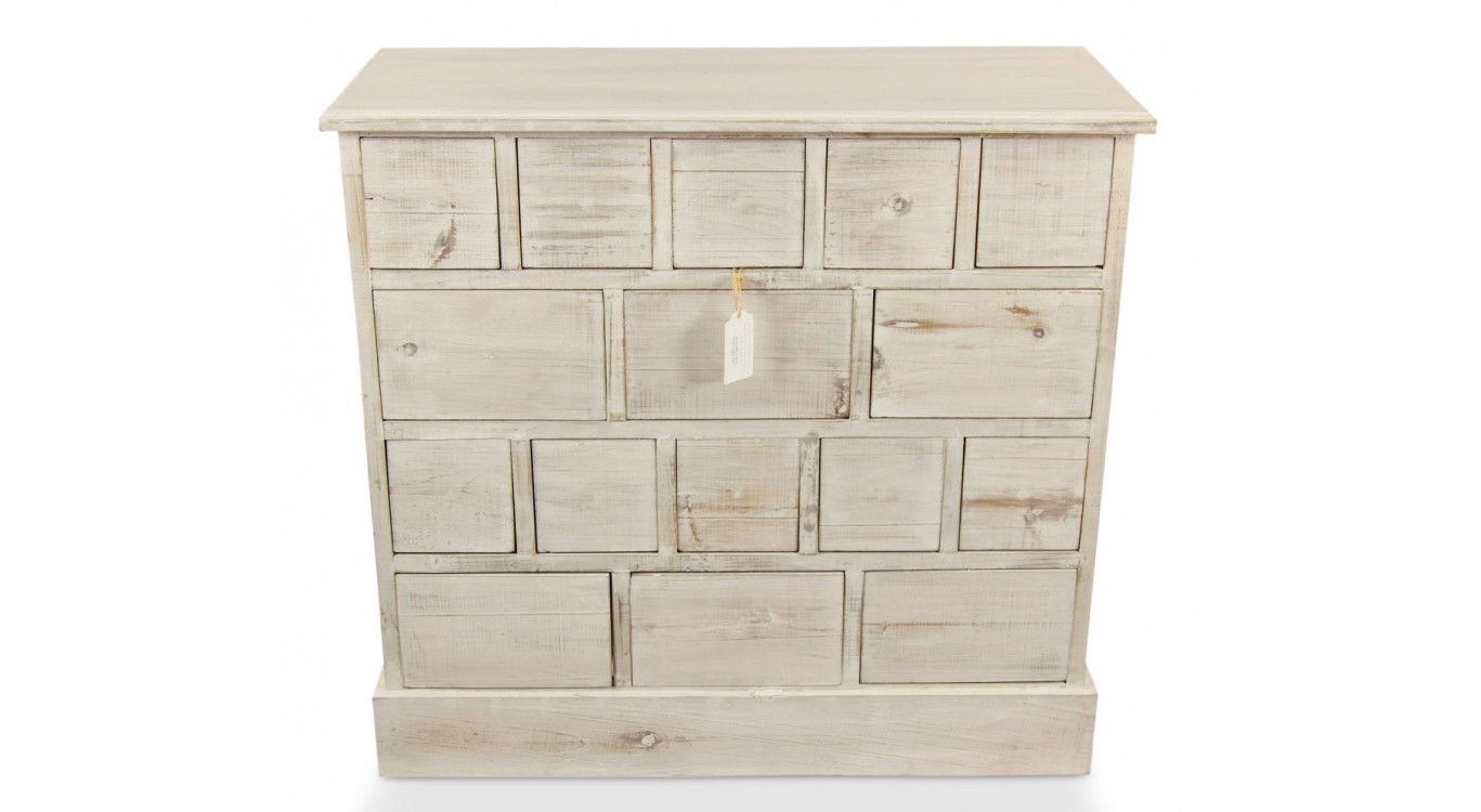 Meuble Semainier Chiffonnier Grainetier Bois 16 Tiroirs Cerusé Blanc Nu 96x35x92cm