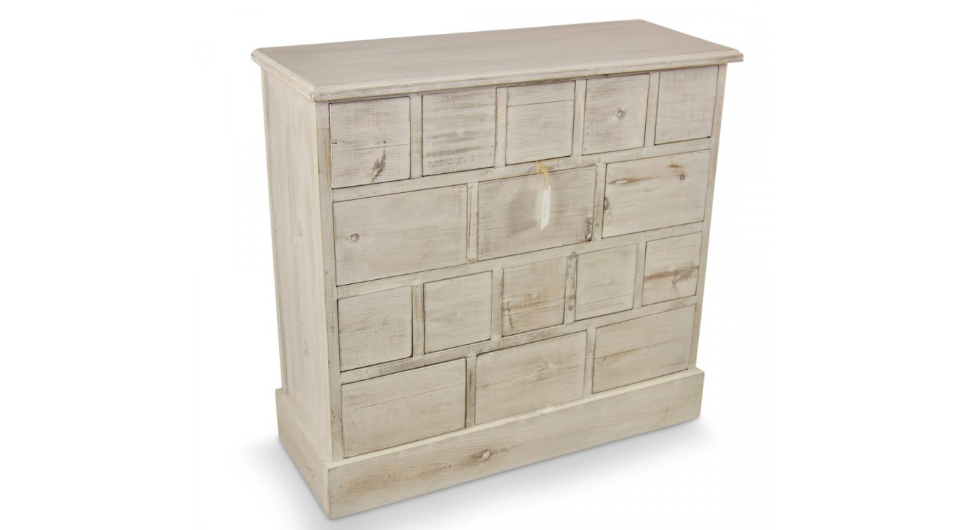 Meuble Semainier Chiffonnier Grainetier Bois 16 Tiroirs Cerusé Blanc Nu 96x35x92cm