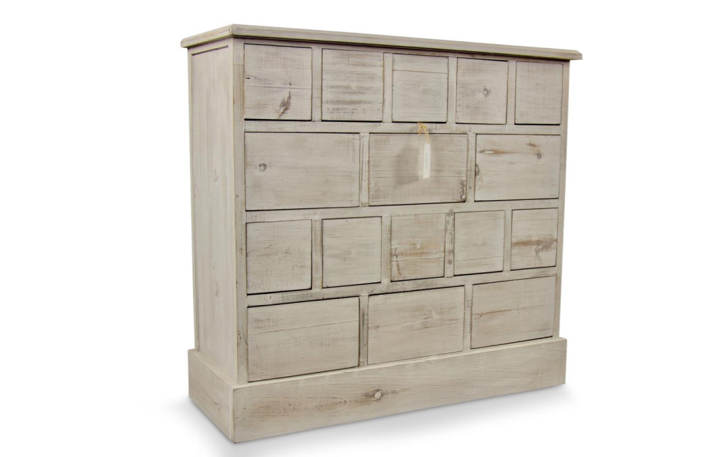 Meuble Semainier Chiffonnier Grainetier Bois 16 Tiroirs Cerusé Blanc Nu 96x35x92cm