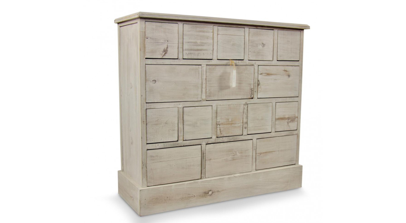 Meuble Semainier Chiffonnier Grainetier Bois 16 Tiroirs Cerusé Blanc Nu 96x35x92cm