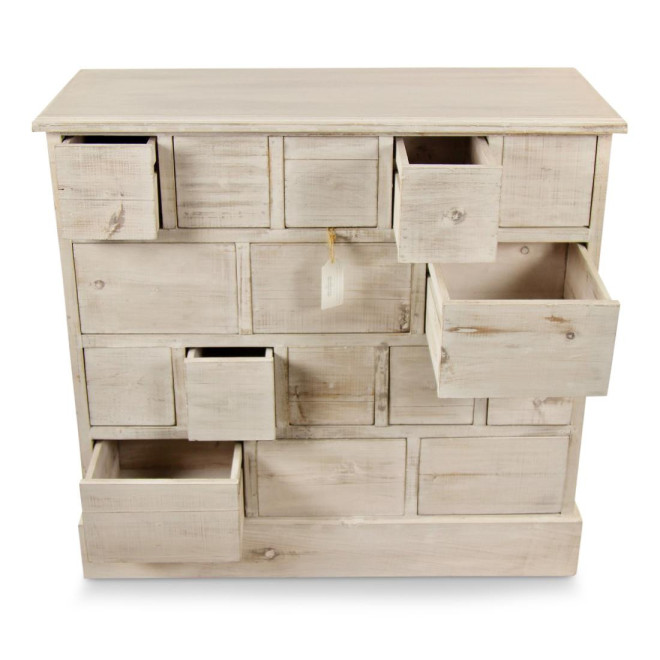 Meuble Semainier Chiffonnier Grainetier Bois 16 Tiroirs Cerusé Blanc Nu 96x35x92cm