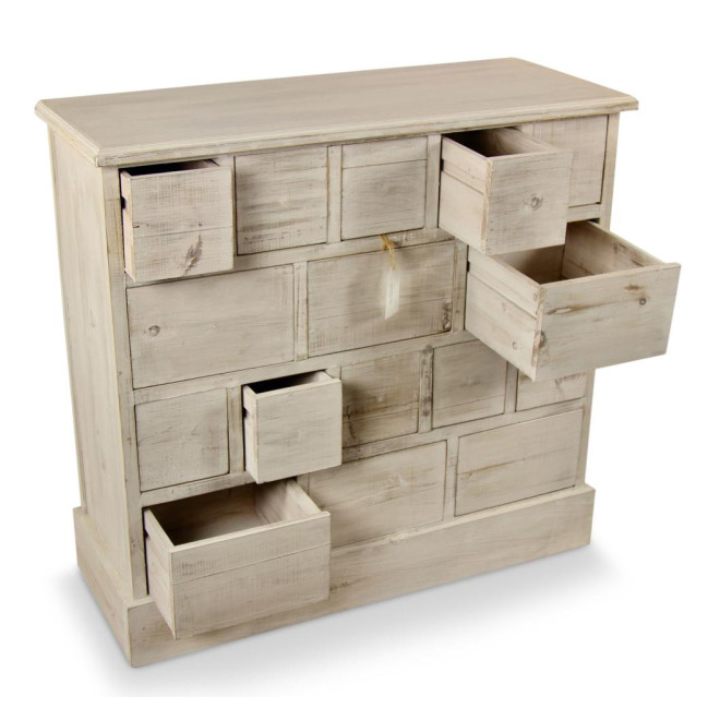 Meuble Semainier Chiffonnier Grainetier Bois 16 Tiroirs Cerusé Blanc Nu 96x35x92cm