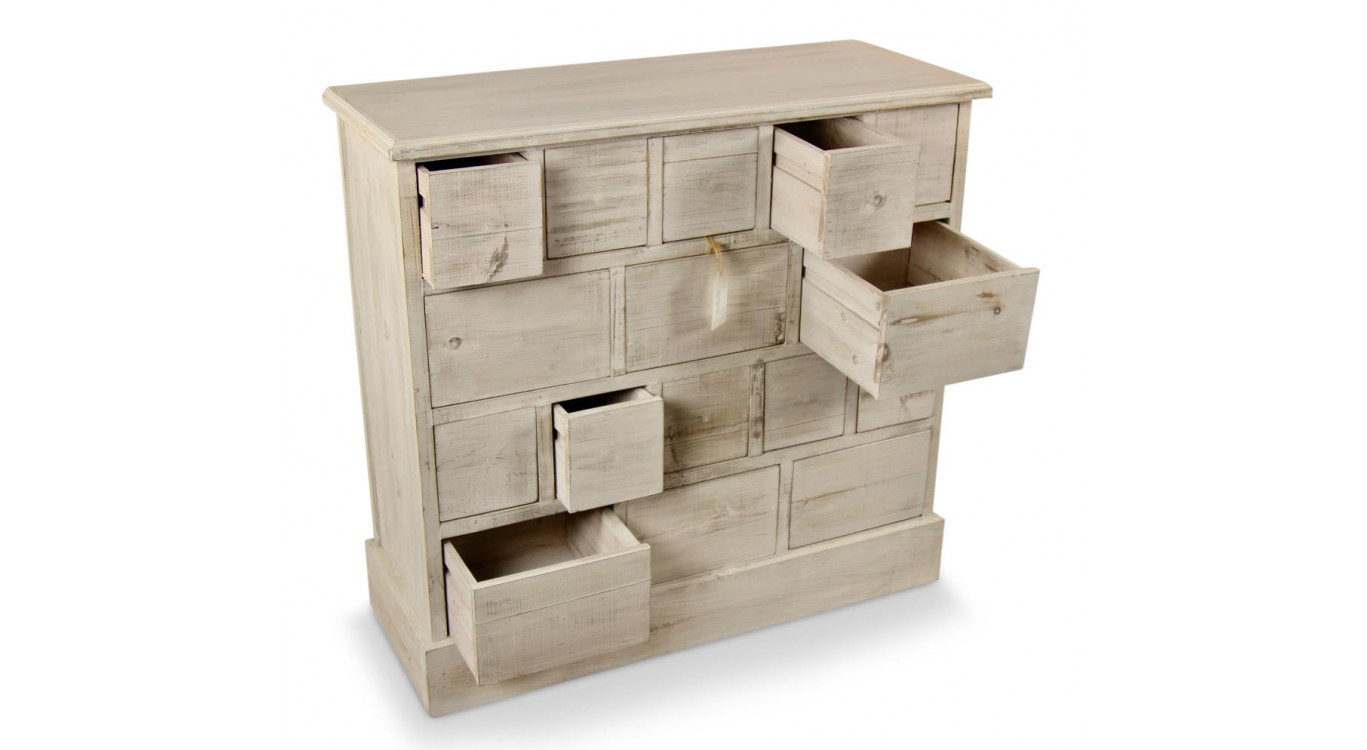 Meuble Semainier Chiffonnier Grainetier Bois 16 Tiroirs Cerusé Blanc Nu 96x35x92cm