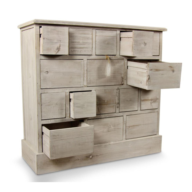 Meuble Semainier Chiffonnier Grainetier Bois 16 Tiroirs Cerusé Blanc Nu 96x35x92cm
