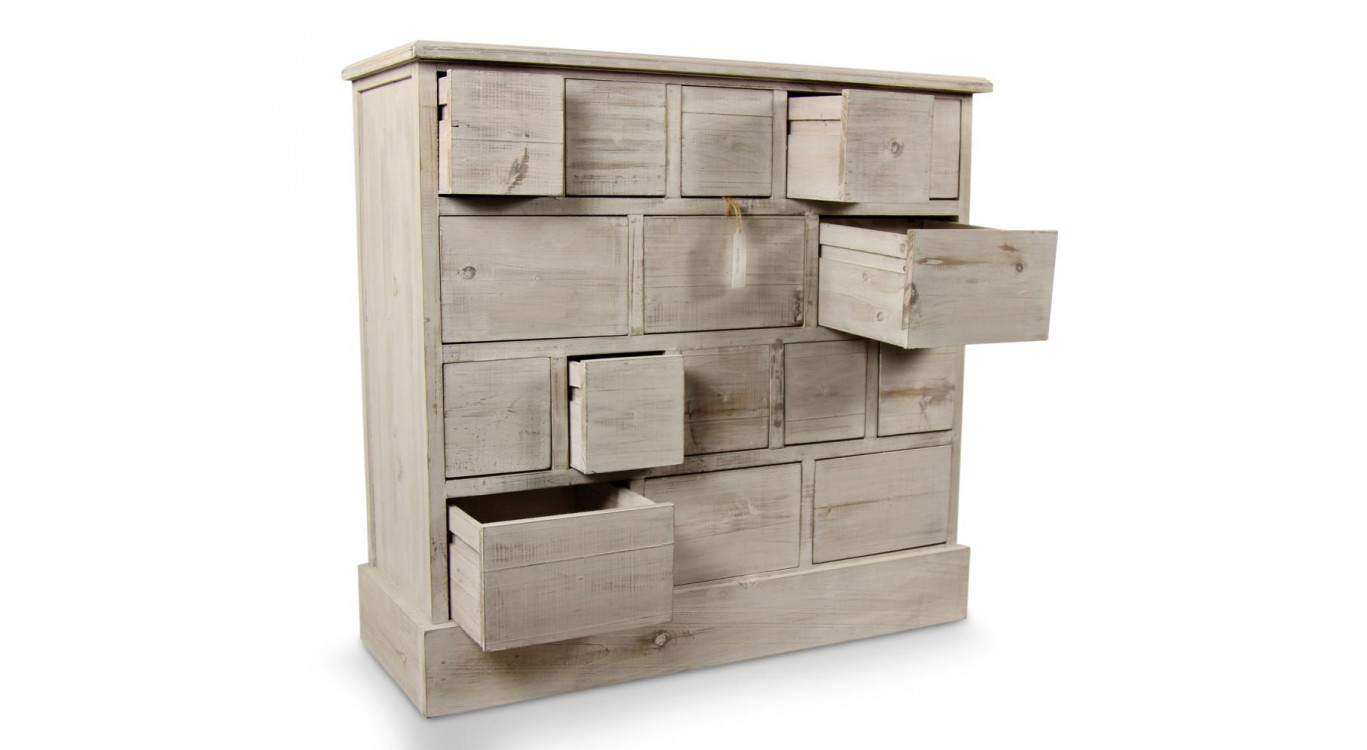 Meuble Semainier Chiffonnier Grainetier Bois 16 Tiroirs Cerusé Blanc Nu 96x35x92cm