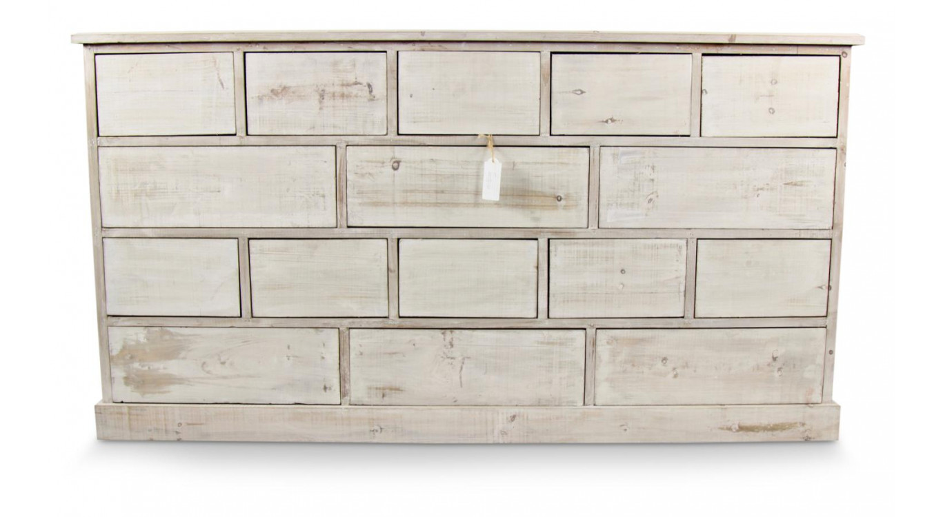 Wochenschrank Chiffonnier Grainetier Bois 16 Schubladen Cerusé Blanc Nu 170x35x92cm