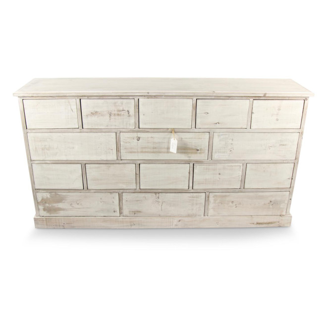 Meuble Semainier Chiffonnier Grainetier Bois 16 Tiroirs Cerusé Blanc Nu 170x35x92cm