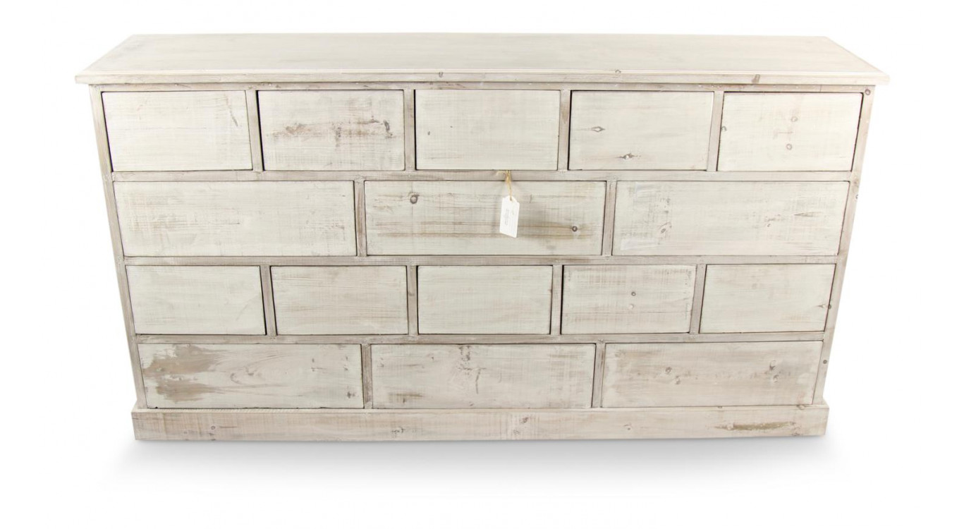 Wochenschrank Chiffonnier Grainetier Bois 16 Schubladen Cerusé Blanc Nu 170x35x92cm