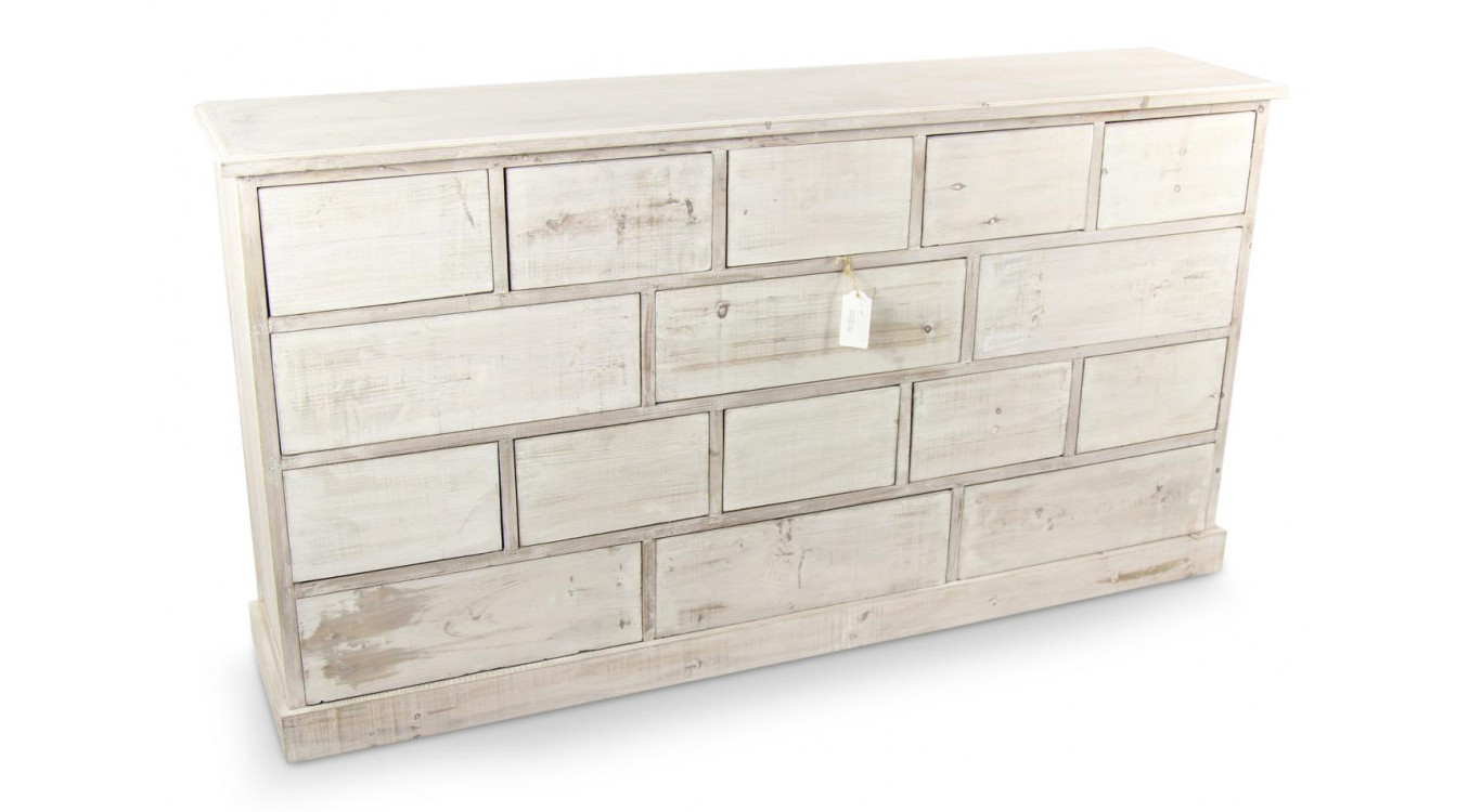 Wochenschrank Chiffonnier Grainetier Bois 16 Schubladen Cerusé Blanc Nu 170x35x92cm