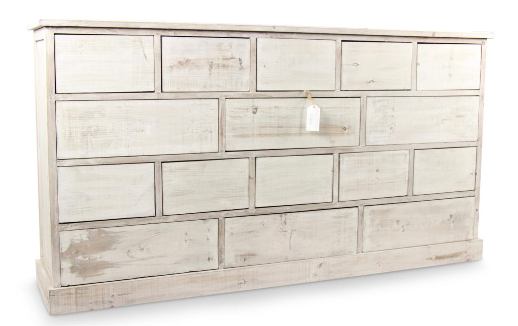 Meuble Semainier Chiffonnier Grainetier Bois 16 Tiroirs Cerusé Blanc Nu 170x35x92cm