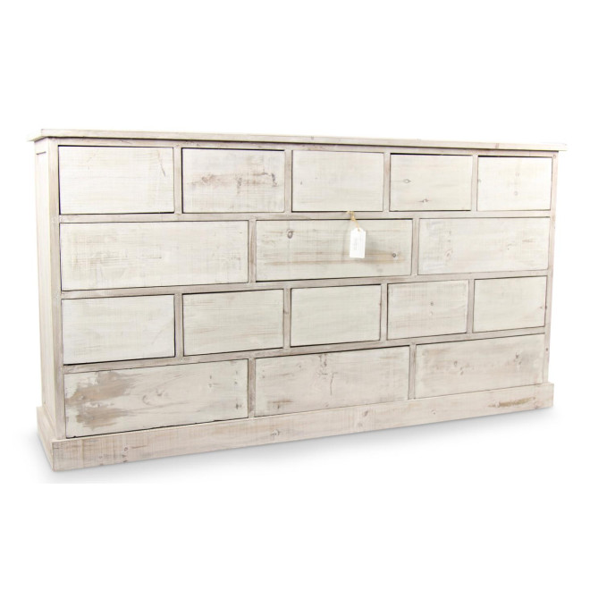 Wochenschrank Chiffonnier Grainetier Bois 16 Schubladen Cerusé Blanc Nu 170x35x92cm