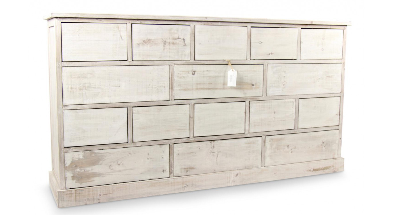 Wochenschrank Chiffonnier Grainetier Bois 16 Schubladen Cerusé Blanc Nu 170x35x92cm