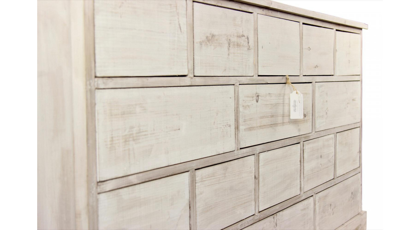 Wochenschrank Chiffonnier Grainetier Bois 16 Schubladen Cerusé Blanc Nu 170x35x92cm