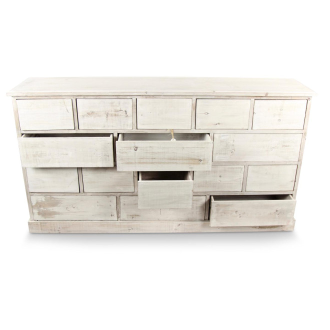 Wochenschrank Chiffonnier Grainetier Bois 16 Schubladen Cerusé Blanc Nu 170x35x92cm