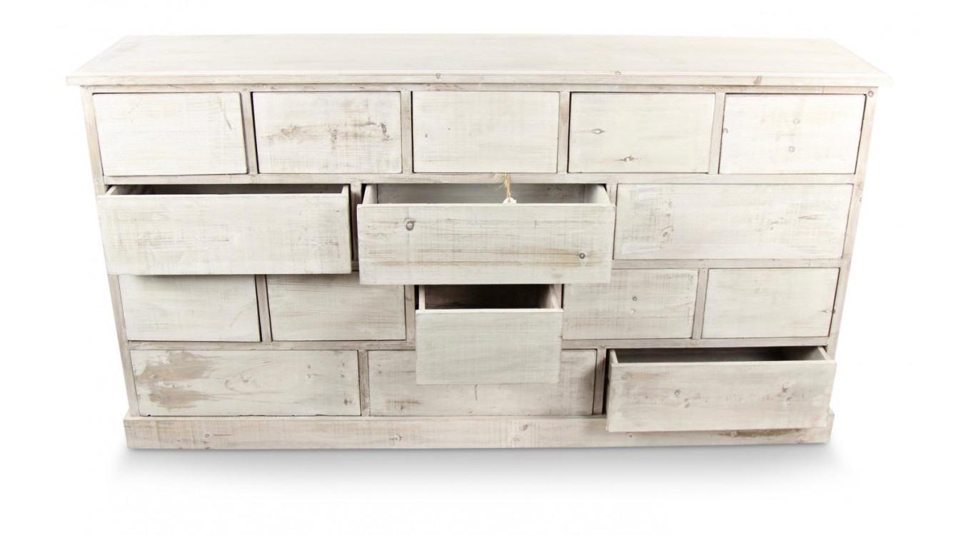 Wochenschrank Chiffonnier Grainetier Bois 16 Schubladen Cerusé Blanc Nu 170x35x92cm