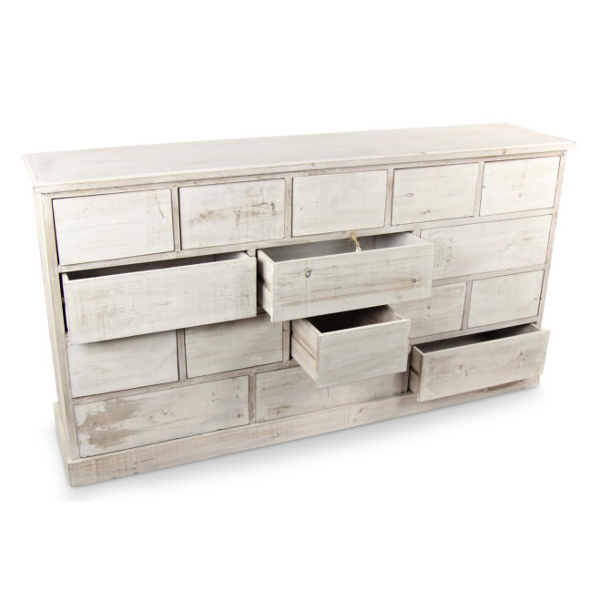 Wochenschrank Chiffonnier Grainetier Bois 16 Schubladen Cerusé Blanc Nu 170x35x92cm