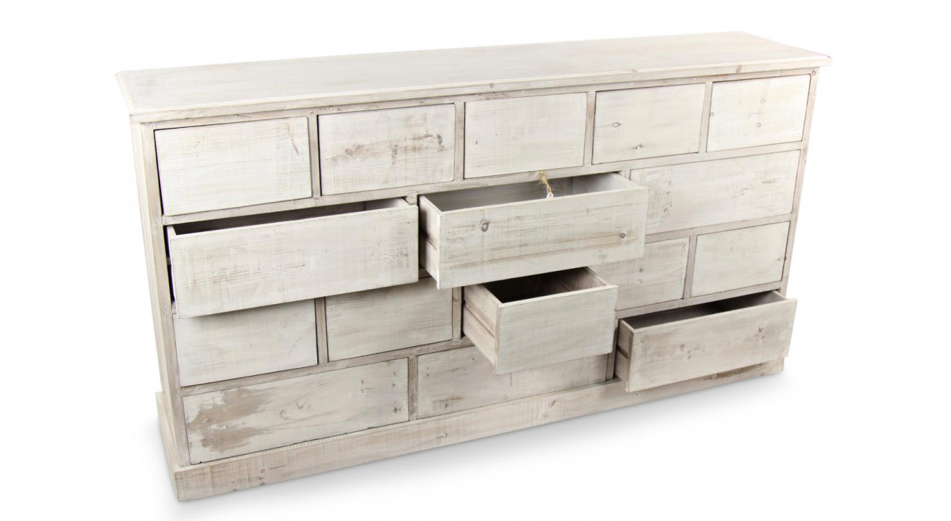 Wochenschrank Chiffonnier Grainetier Bois 16 Schubladen Cerusé Blanc Nu 170x35x92cm