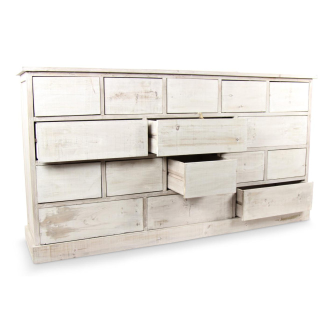 Wochenschrank Chiffonnier Grainetier Bois 16 Schubladen Cerusé Blanc Nu 170x35x92cm