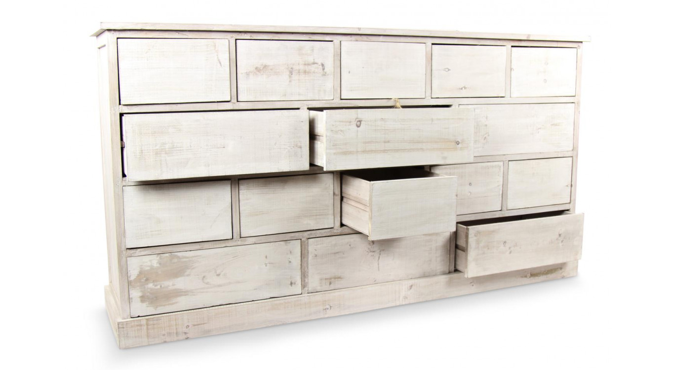 Wochenschrank Chiffonnier Grainetier Bois 16 Schubladen Cerusé Blanc Nu 170x35x92cm