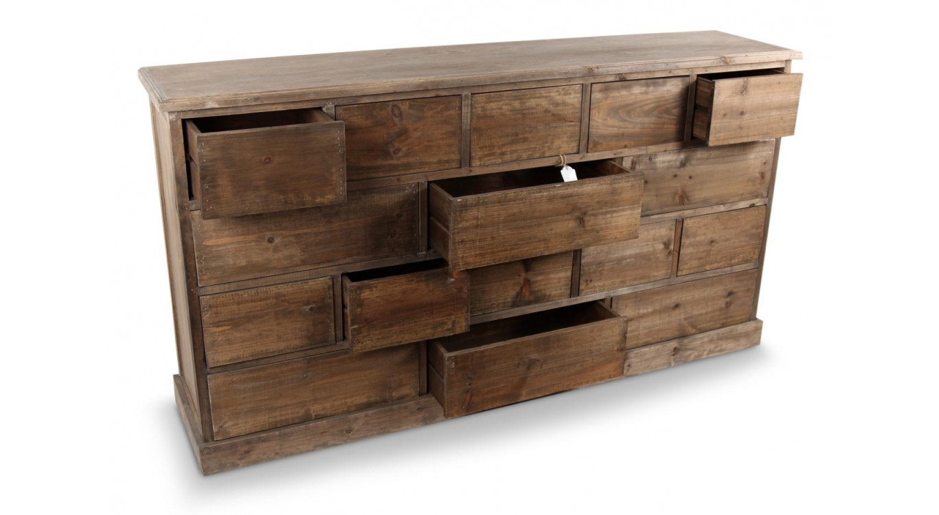 Meuble Semainier Chiffonnier Grainetier Bois 16 Tiroirs Nu 170x35x92cm