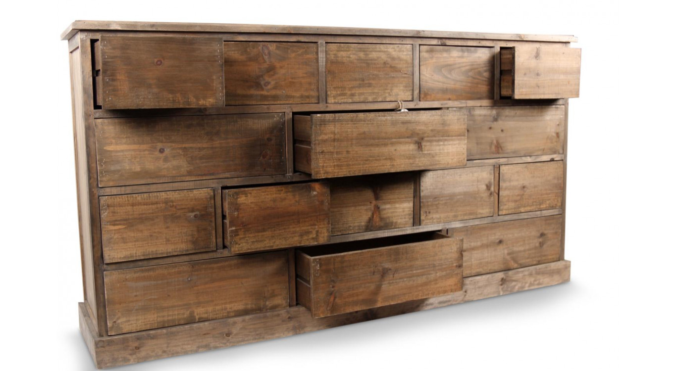 Meuble Semainier Chiffonnier Grainetier Bois 16 Tiroirs Nu 170x35x92cm