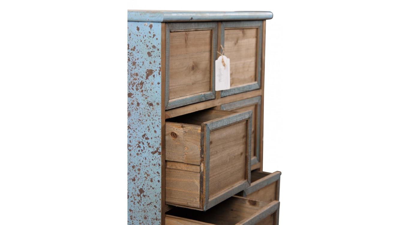 Meuble Semainier Chiffonnier Grainetier Bois 6 Tiroirs Bleu Vieilli Nu 58x40.5x76cm
